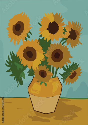 Sunflower vase painting, floral artwork, bright yellow flowers, digital illustration, decorative art, rustic design, colorful home decor