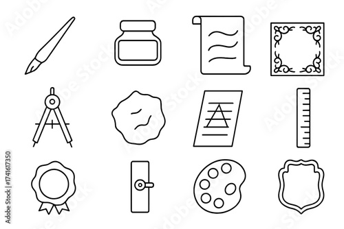 Arabic Calligraphy Tool Icons. Outline icon set of Arabic calligraphy tools: reed pen, ink jar, calligraphy