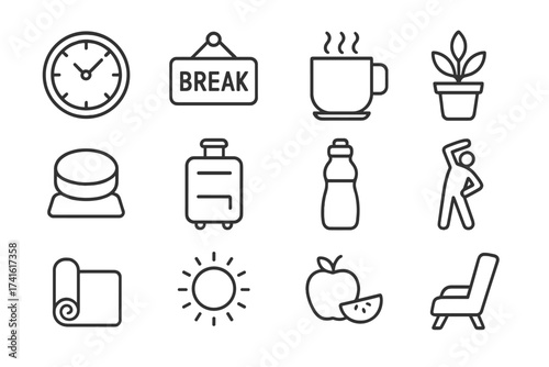 Prevent Burnout Icon Set. Outline icon set of preventing workplace burnout: clock, break sign, coffee mug,