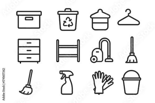 Decluttering Icon Set. Outline icon set of decluttering for cleaning: storage box, trash bin, recycling bin,