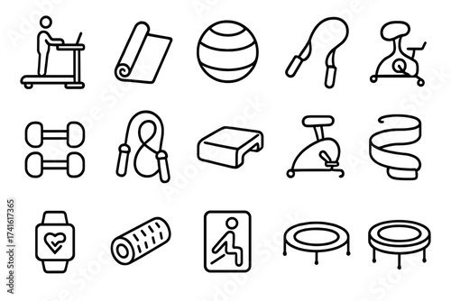 Workplace Fitness Icons. Outline icon set of physical activity at work: treadmill desk, yoga mat, exercise