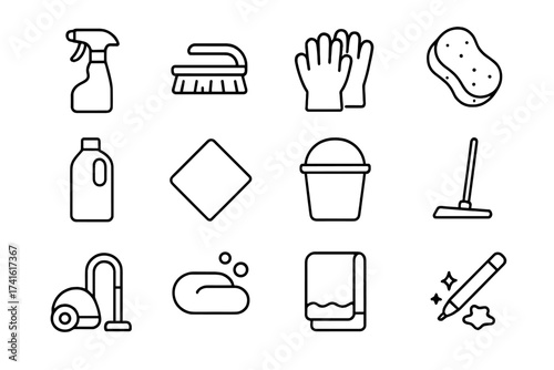 Stain Removal Icons. Outline icon set of stain removal tricks: spray bottle, scrub brush, gloves, sponge,