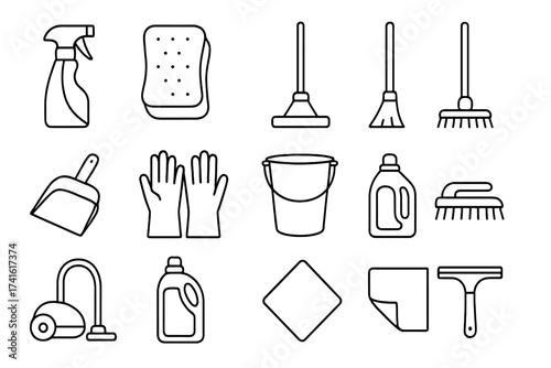 Cleaning Tools Icons. Outline icon set of home cleaning hacks: spray bottle, sponge, mop, broom, dustpan,