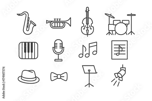 Jazz Music Icons. Outline icon set of jazz music creativity: saxophone, trumpet, double bass, drum kit, piano,
