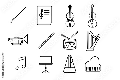 Orchestral Icon Collection. Outline icon set of orchestral arrangement: conductor baton, sheet music, violin,