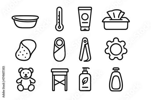 Newborn Care Icons. Outline icon set of newborn care essentials: baby bathtub, thermometer, diaper cream, baby