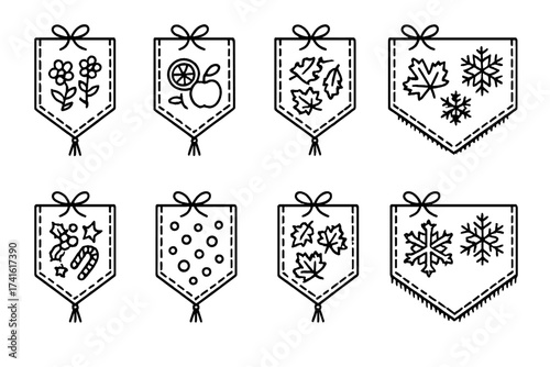 Seasonal Kitchen Runners. Outline icon set of seasonal kitchen runners: floral spring runner, summer fruit
