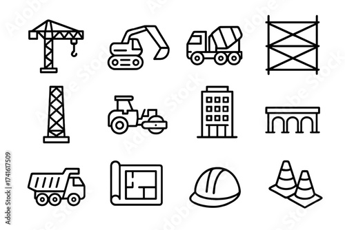 Urban Construction Icons. Outline icon set of aerial view of urban construction: crane, excavator, cement