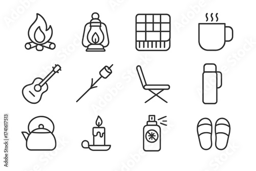 Dacha Evening Icon Set. Outline icon set of evening at the dacha: campfire, lantern, blanket, mug, guitar,