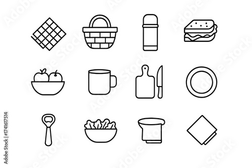 Picnic Icon Set. Outline icon set of preparing picnic at the dacha: picnic blanket, basket, thermos,