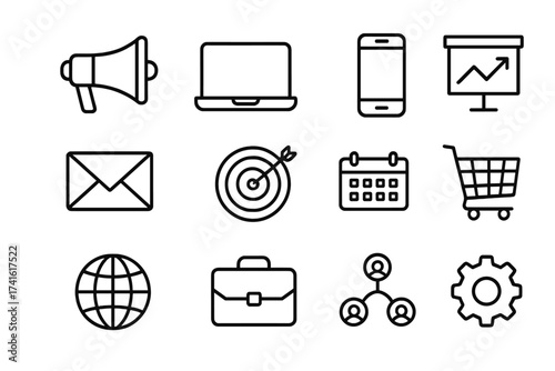 Freelance Marketing Icons. Outline icon set of freelance marketing: megaphone, laptop, smartphone, chart,