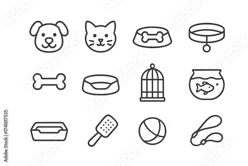 Pet Product Icons. Outline icon set of pet product suggestions: dog, cat, food bowl, collar, bone, pet bed,