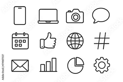 Freelance Icons Grid. Outline icon set of freelance social media management: smartphone, laptop, camera,