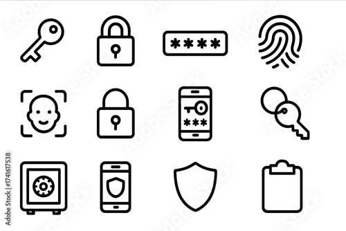 Password Management Icons. Outline icon set of password management: key, lock, password field, fingerprint,
