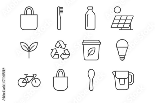 Eco-Friendly Icon Set. Outline icon set of eco-friendly product recommendations: reusable bag, bamboo