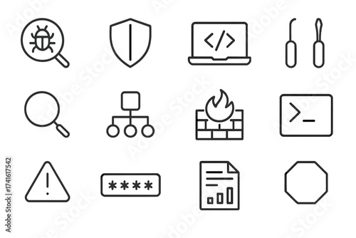Pen Test Icon Set. Outline icon set of penetration testing governance: bug search icon, shield, laptop code,