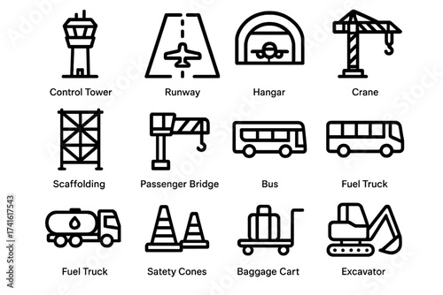 Airport Icon Set. Outline icon set of airport terminal expansion: control tower, runway, hangar, crane,