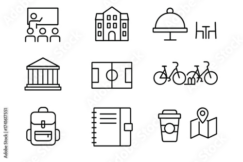 Campus Life Icons. Outline icon set of college campus life: lecture hall, dorm building, cafeteria, library,