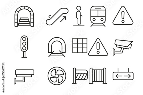 Metro Tunnel Icon Set. Outline icon set of metro tunnel entrance: escalator, platform, train front, signal