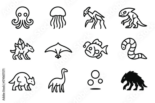 Alien Creature Icons. Outline icon set of alien creatures: tentacled beings, floating jellyfish, insectoid