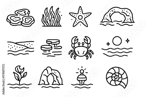 Alien Ocean Icons. Outline icon set of alien coastal regions: glowing tide pools, bioluminescent kelp, alien