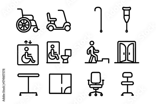 Office Mobility Aids Icons. Outline icon set of mobility aids for offices: wheelchair, mobility scooter,