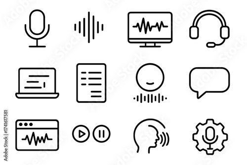 Speech Recognition Icons. Outline icon set of speech recognition software: microphone icon, voice input symbol