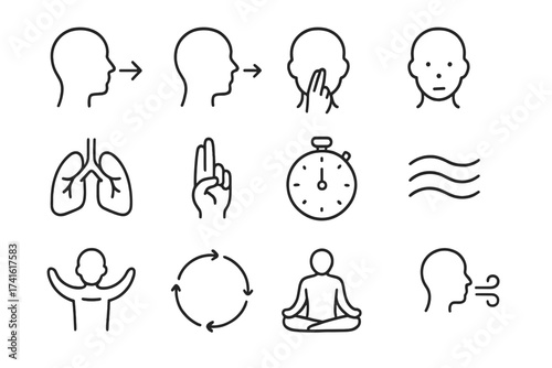 Pranayama Icon Set. Outline icon set of pranayama breathing: inhale arrow, exhale arrow, alternate nostril