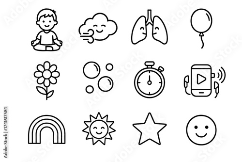 Mindful Breathing Icons. Outline icon set of mindful breathing for kids: child seated cross-legged, playful