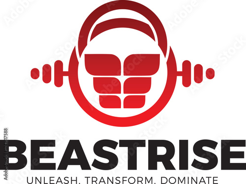 Fitness Logo Red Gradient Abs Icon inside Barbell and Ring, Motivational Vector Symbol for Transformation, Weightlifting, and Domination