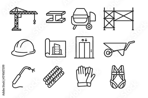 Construction Icon Set. Outline icon set of high-rise construction site: tower crane, steel beams, concrete