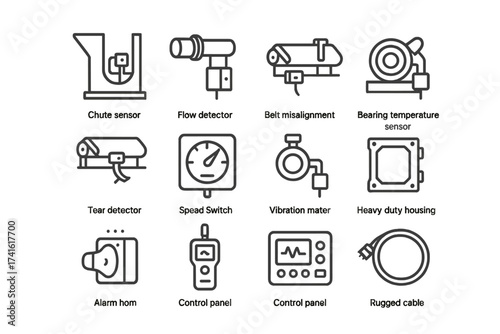 Mining Conveyor Icons. Outline icon set of mining conveyor sensors: chute sensor, flow detector, belt