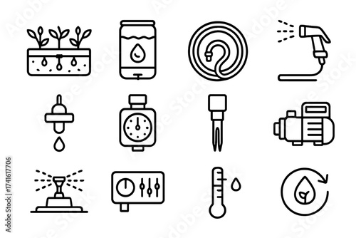 Garden Irrigation Icons. Outline icon set of garden irrigation from greywater: planter bed, water tank, hose,