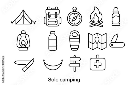 Solo Camping Icons. Outline icon set of solo camping: tent, backpack, compass, campfire, lantern, water bottle