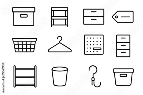 Storage Icons Grid. Outline icon set of storage and organization: storage box, shelf, drawer, label, basket,