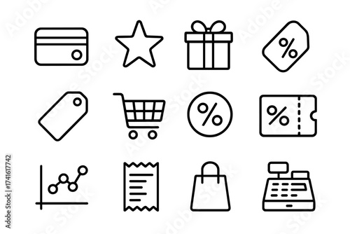 Loyalty Program Icons. Outline icon set of loyalty programs: membership card, star, gift box, discount tag,
