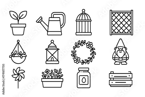 Garden Décor Icons. Outline icon set of garden-inspired décor: potted plant, watering can, birdcage, trellis,