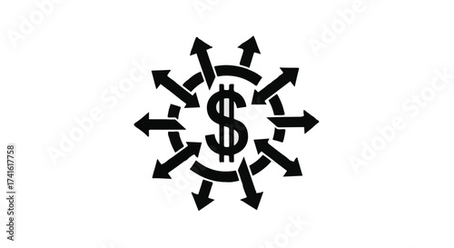 Dollar sign at the center of a radial arrow diagram symbolizing financial growth and expansion