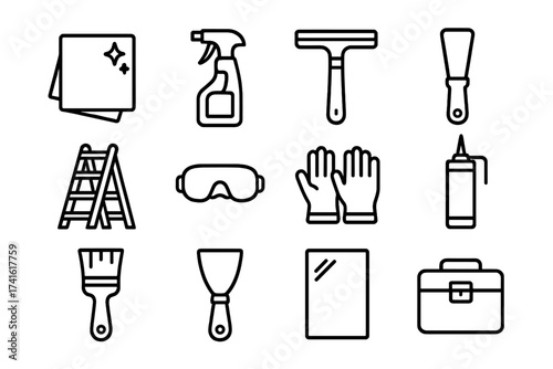 Window Maintenance Icons. Outline icon set of window maintenance: cleaning cloth, spray bottle, squeegee,