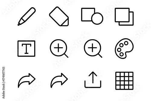 Virtual Whiteboard Icon Set. Outline icon set of virtual whiteboarding: pen tool, eraser, shapes icon, sticky