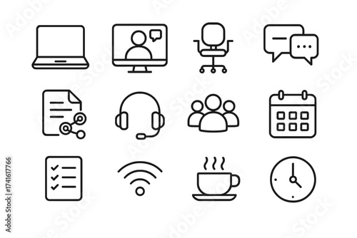 Hybrid Team Collaboration Icons. Outline icon set of hybrid team collaboration: laptop, video call, office