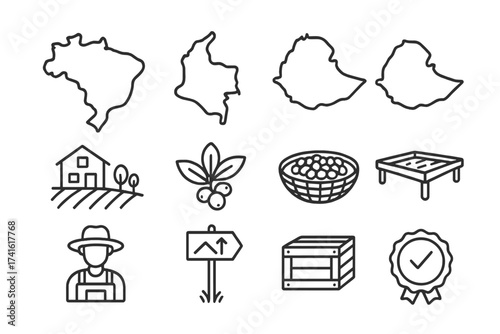 Coffee Icon Collection. Outline icon set of coffee origins: Brazil map, Colombia map, Ethiopia map, coffee