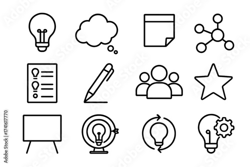 Brainstorming Icon Set. Outline icon set of brainstorming sessions: lightbulb, thought cloud, sticky note,