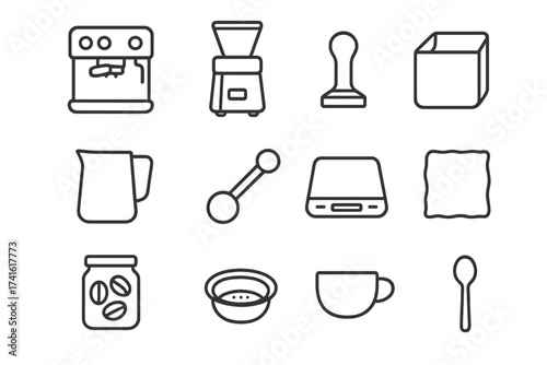Espresso Icon Grid. Outline icon set of home espresso setup: espresso machine, grinder, tamper, knock box,