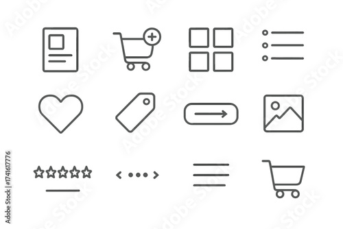 Minimalist E-commerce Icons. Outline icon set of minimalist e-commerce layouts: clean product card, outline
