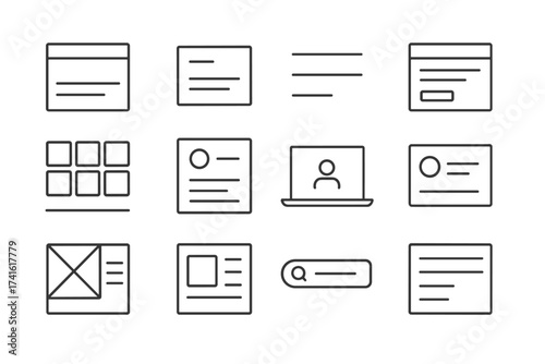 Minimalist Icon Set. Outline icon set of minimalist layouts: clean grid, white space, thin lines, simple icons