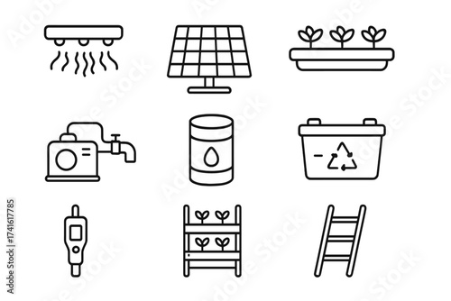 Vertical Farming Icons. Outline icon set of vertical farming with renewable energy: LED grow light, solar