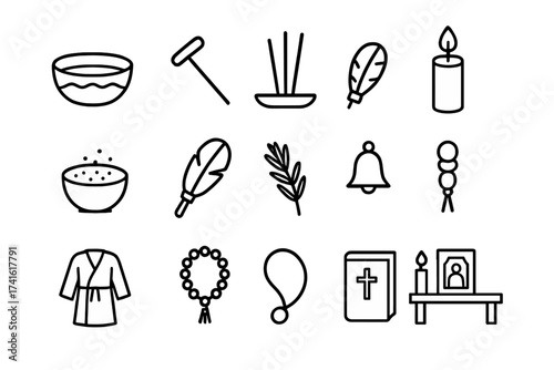 Cleansing Ritual Icons. Outline icon set of cleansing rituals: water bowl, ladle, incense, candle, salt,