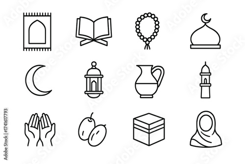 Islamic Ritual Icons. Outline icon set of Islamic rituals: prayer rug, Quran, prayer beads, mosque dome,