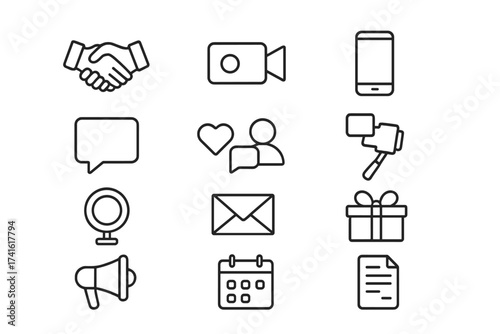 Influencer Icon Set. Outline icon set of influencer collaborations: handshake, video camera, smartphone,